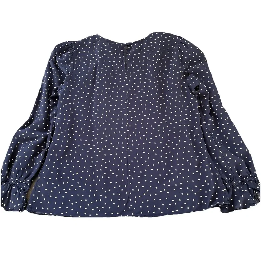Boden Women's 100% Viscose Navy with White Polka Dot Long Puff Sleeve Blouse
